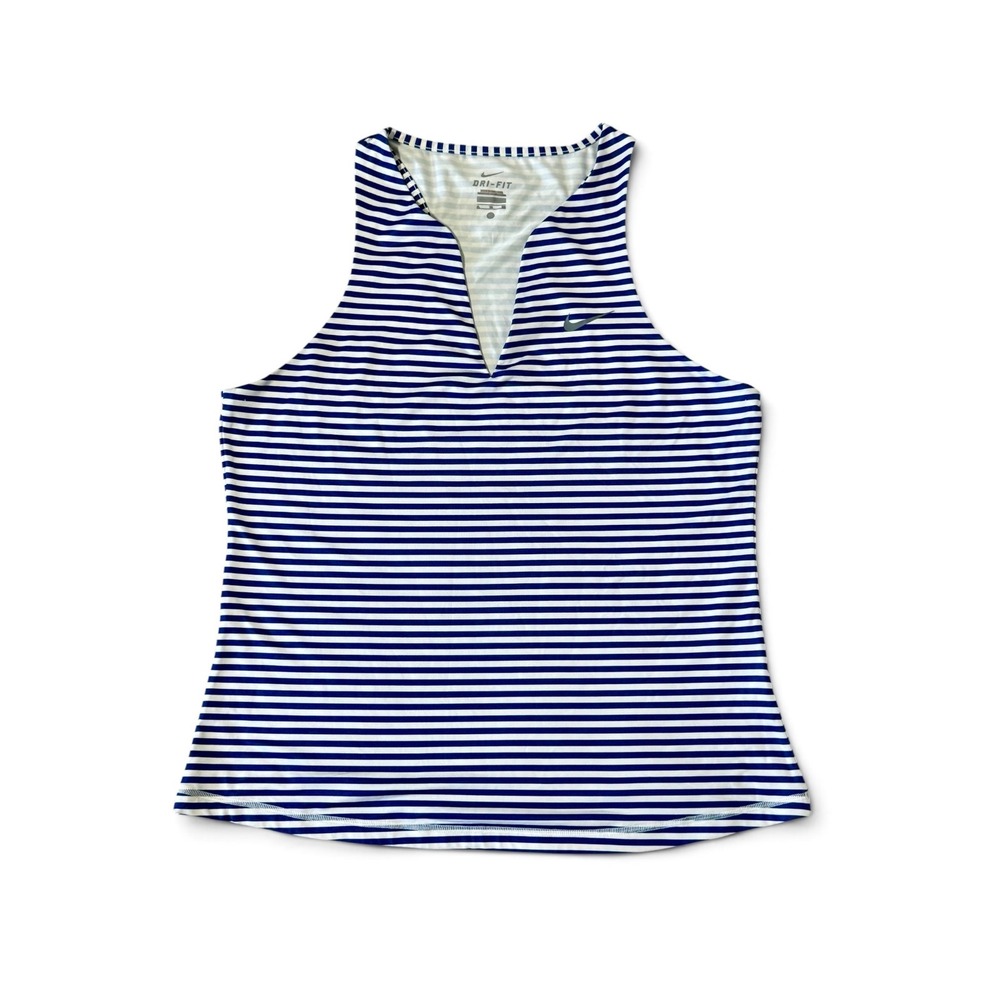 Nike Dri-FIT Women XL Navy Blue White Striped Sleeveless Golf Tank Top V-Neck